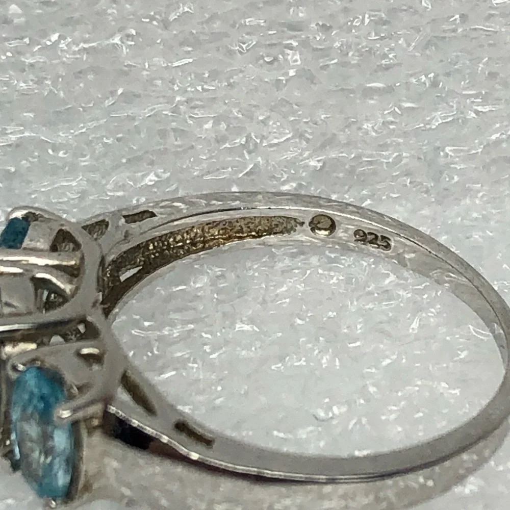 Blue Cambodian Zircon Ring Size 6 Three Stone Rhodium Over Sterling Silver